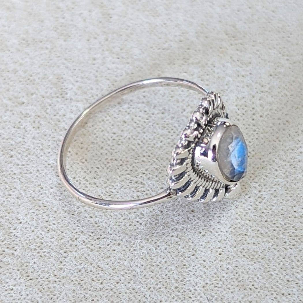 Peacock Tail Rainbow Moonstone Sterling Ring