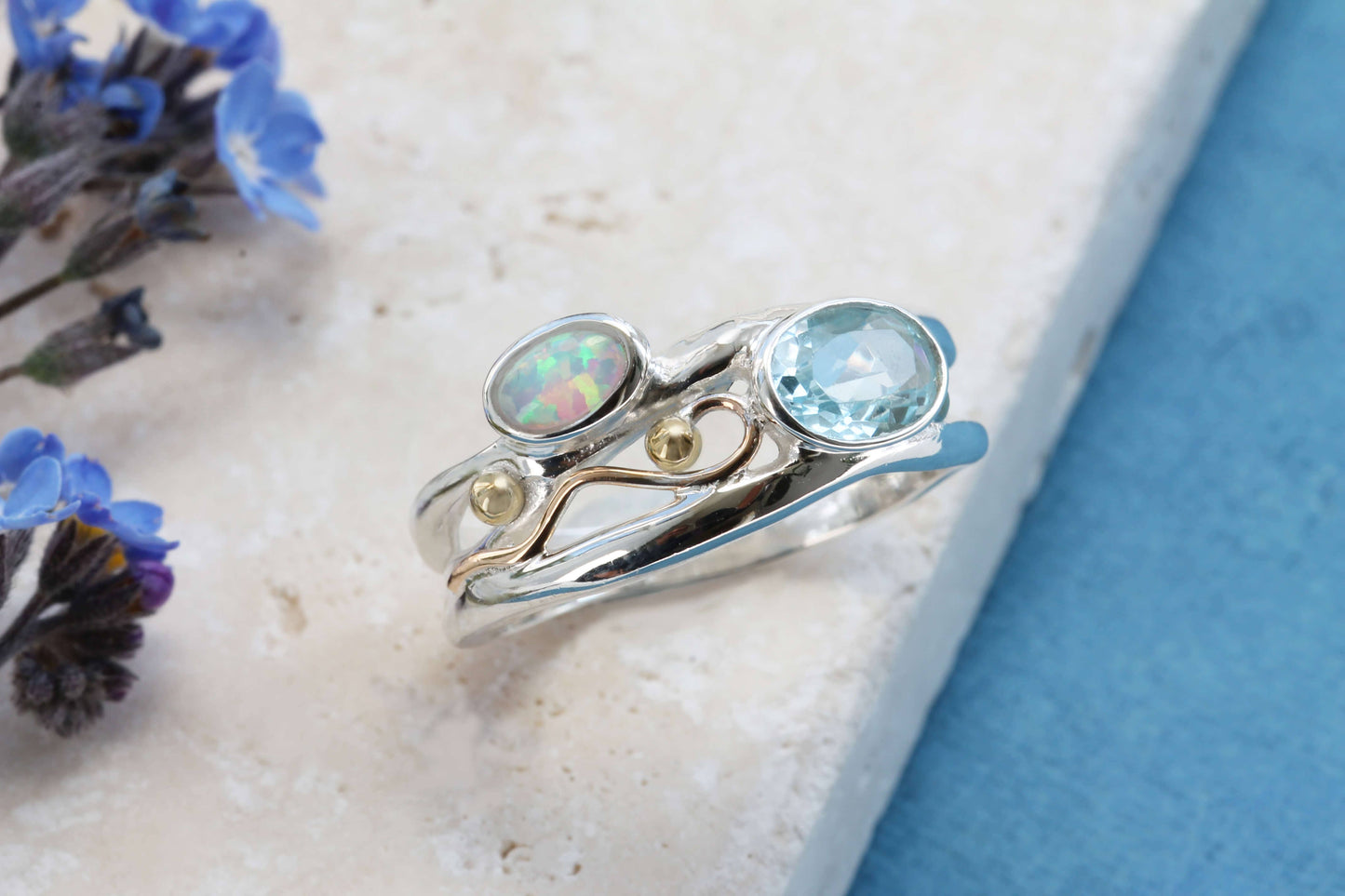 Handmade Blue Topaz & Opal Sterling Silver Ring