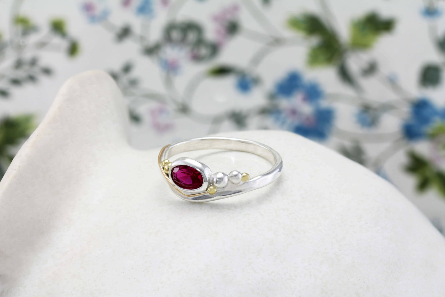 Handmade Silver Ring with Pink Ruby and Gold Details