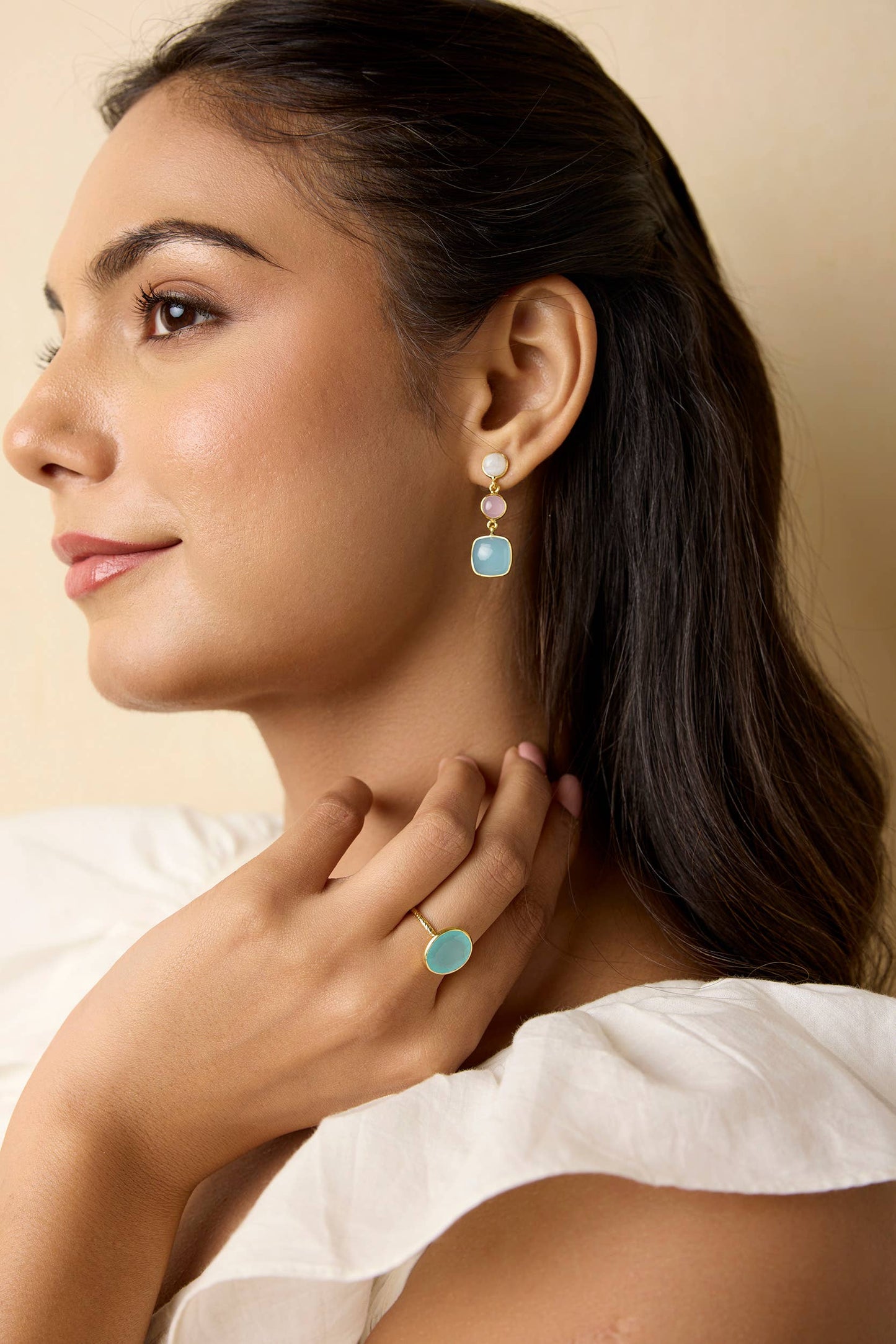 Handmade Moonstone, Pink and Aqua Chalcedony Drop Earrings