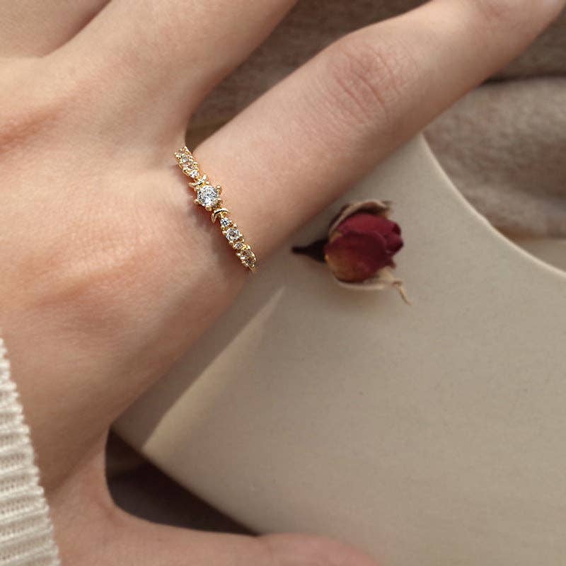 Gold Star Moon Stacking Thin Ring in 925 Sterling Silver