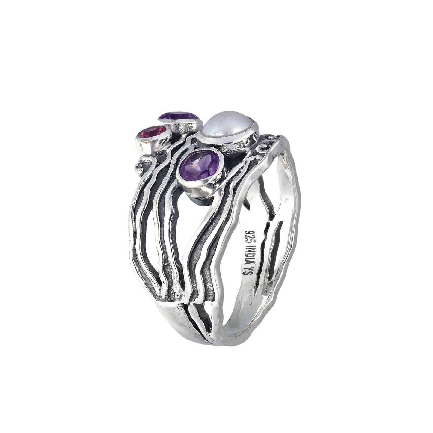 925 Sterling Silver Pearl Amethyst Textured Ring