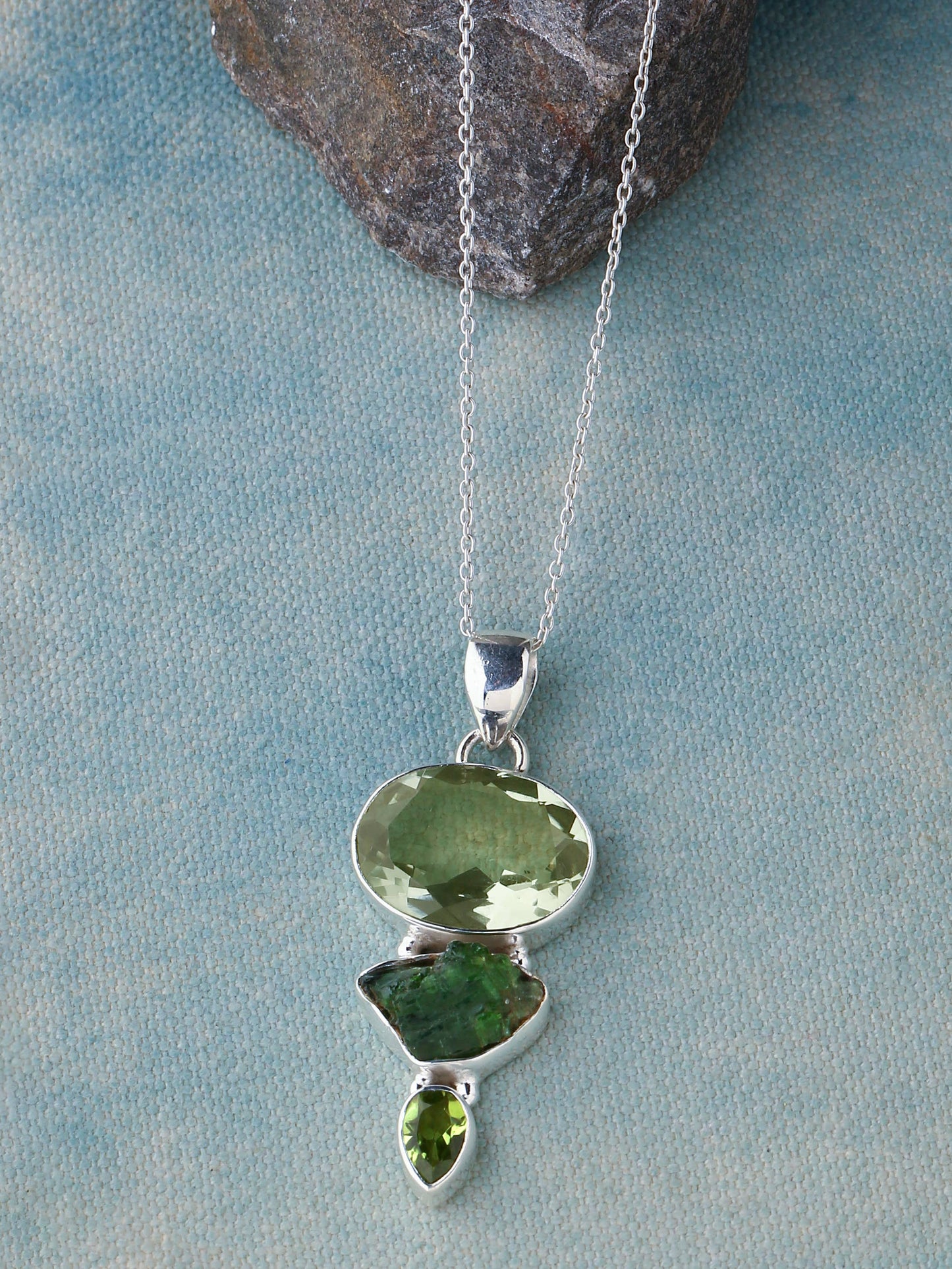 Green Amethyst & Peridot Teardrop Pendant with 18" Chain