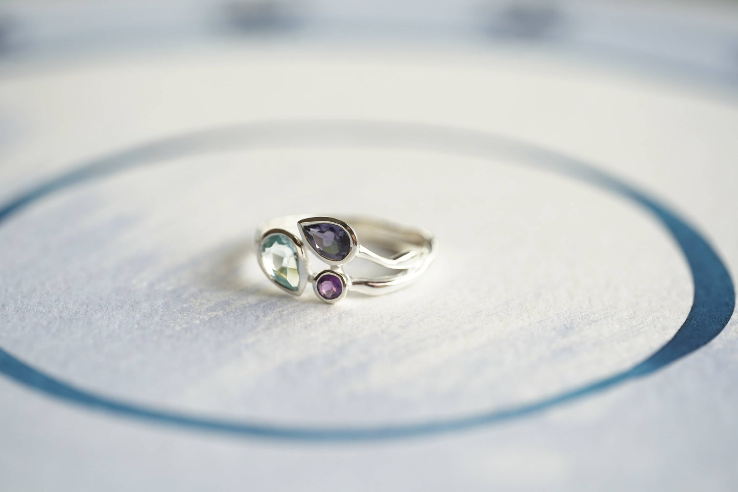 Handmade Blue Topaz Iolite and Amethyst Sterling Silver Ring