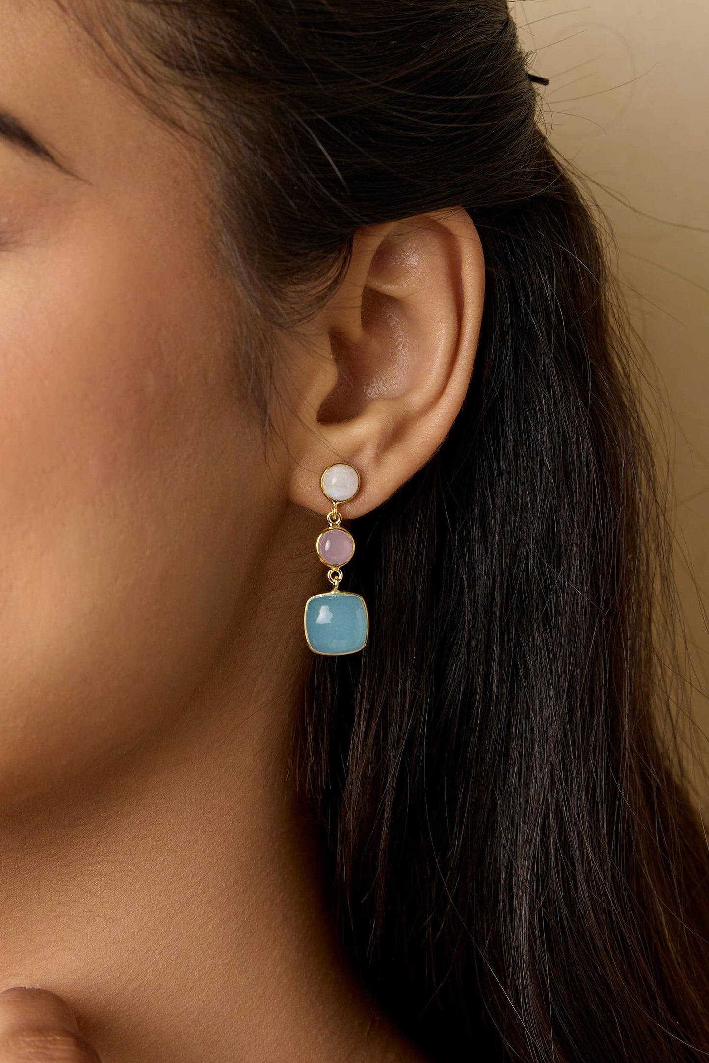 Handmade Moonstone, Pink and Aqua Chalcedony Drop Earrings