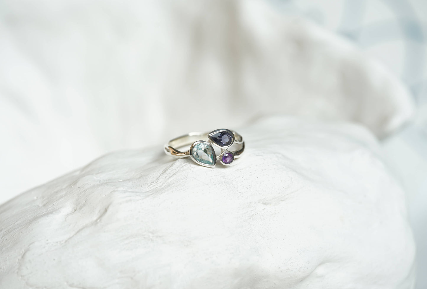 Handmade Blue Topaz Iolite and Amethyst Sterling Silver Ring