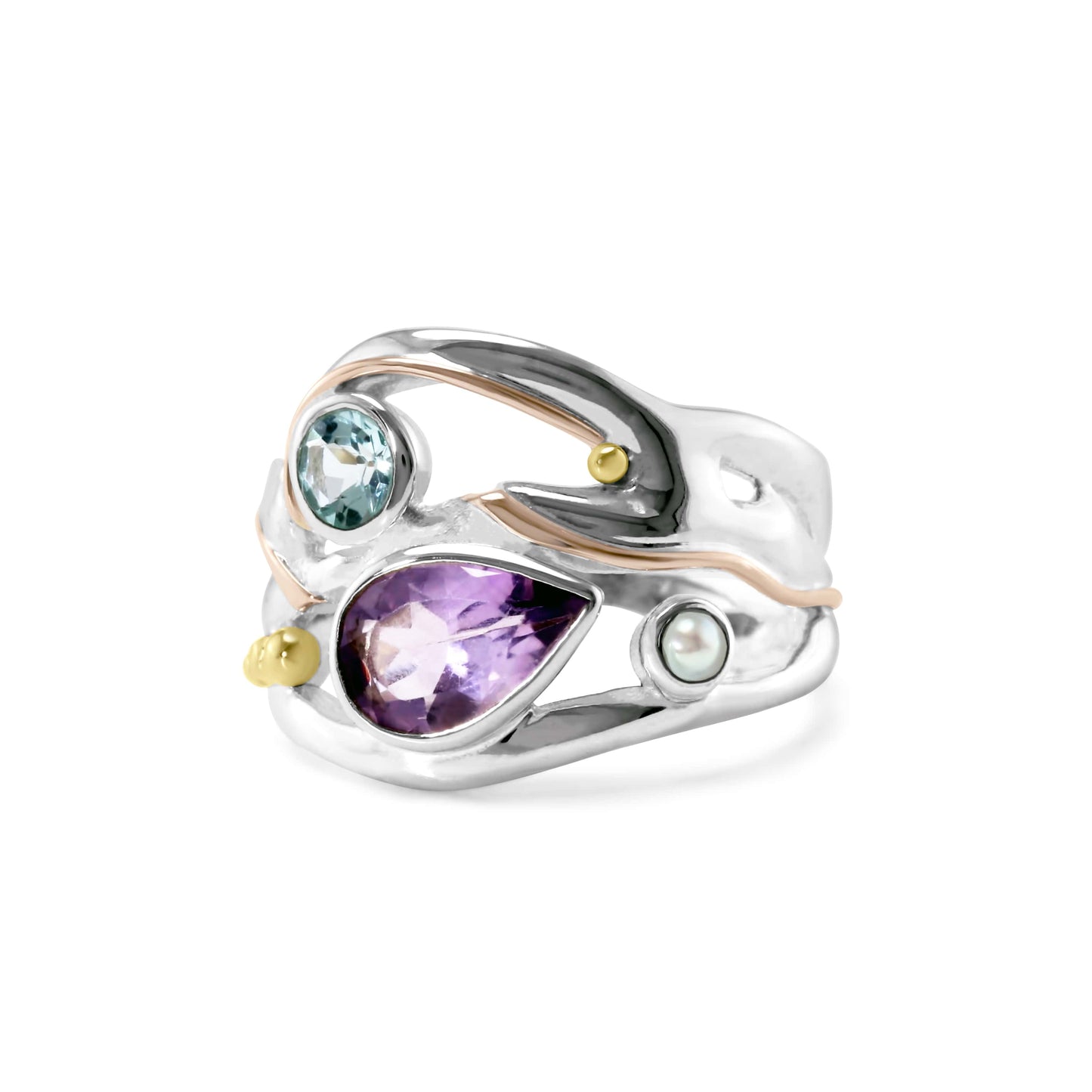 Handmade Amethyst, Blue Topaz and Pearl Statement Ring