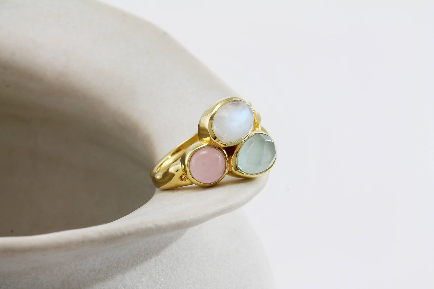 Handmade Moonstone, Rose and Aqua Chalcedony Gold Ring