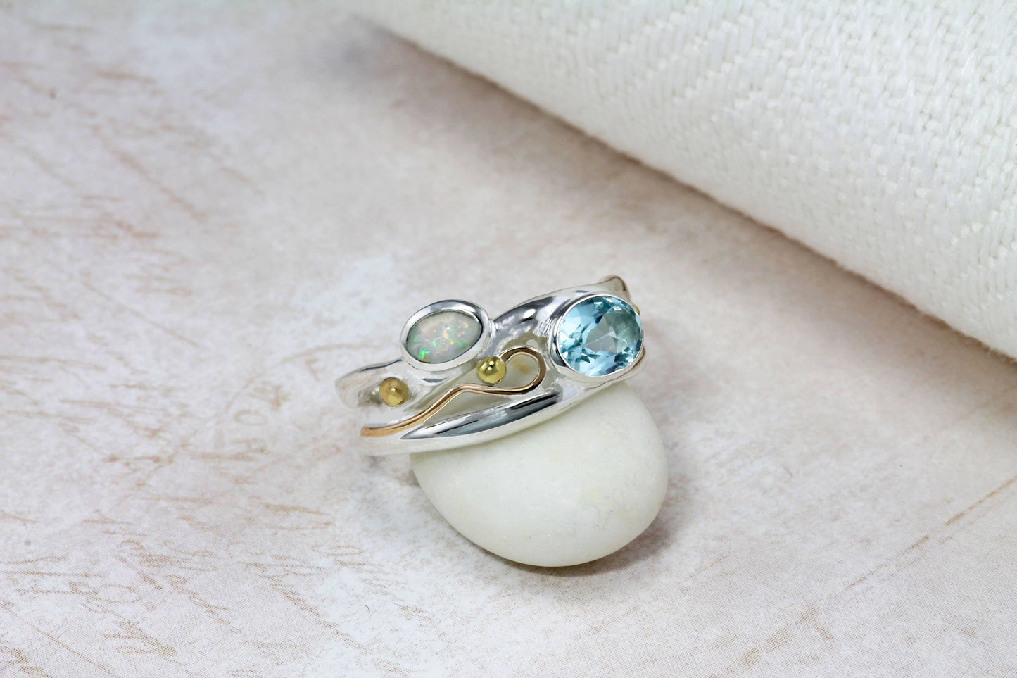 Handmade Blue Topaz & Opal Sterling Silver Ring