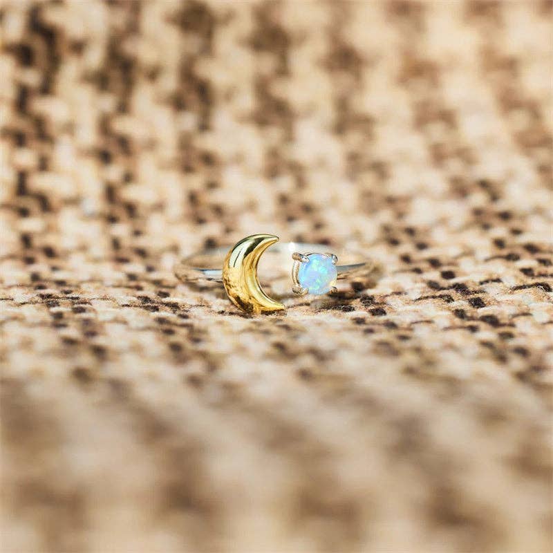 Gold Opal Moon Star Stacking Ring in 925 Sterling Silver