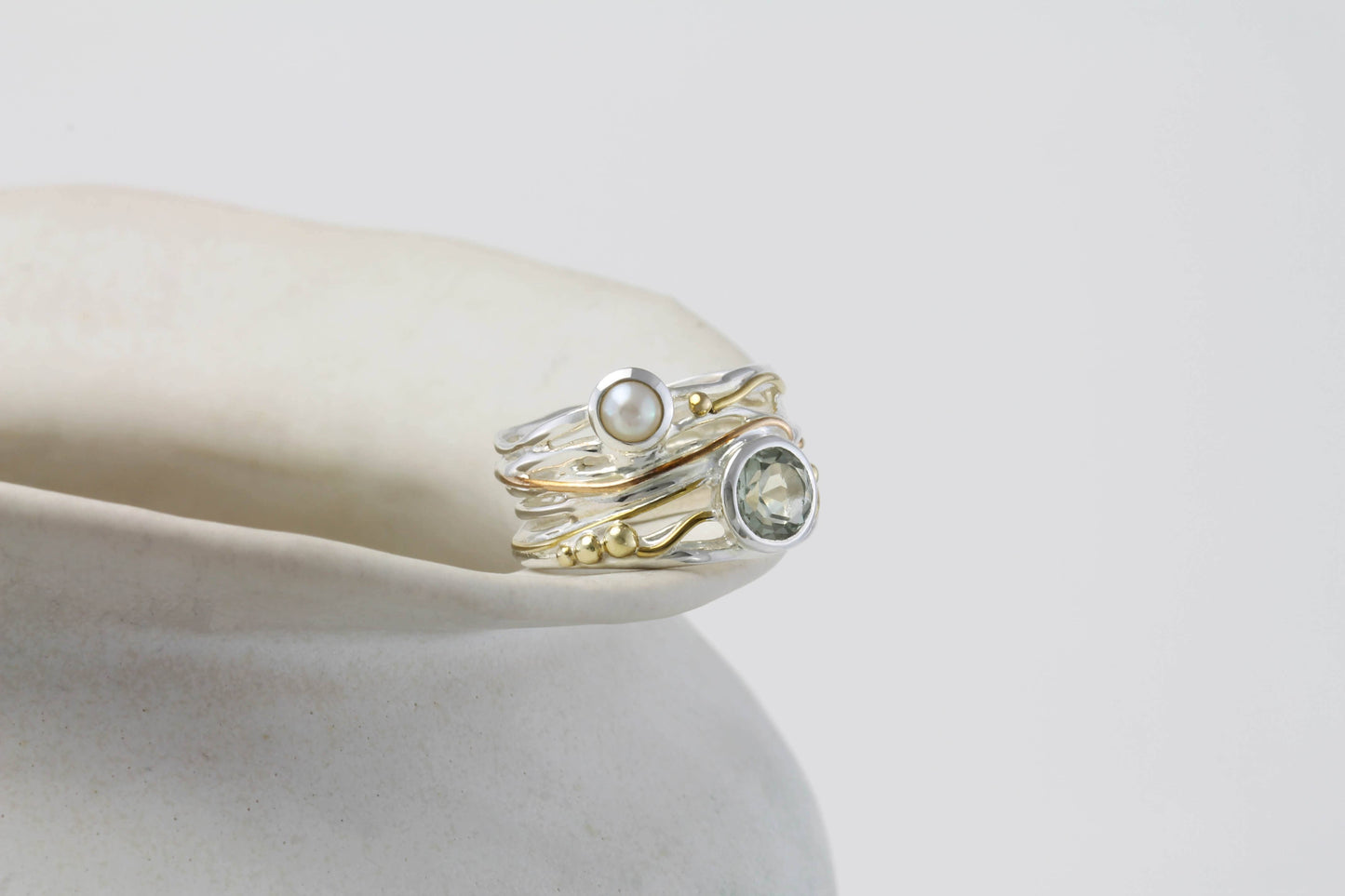 Handmade Silver Green Amethyst and Pearl Statement Ring