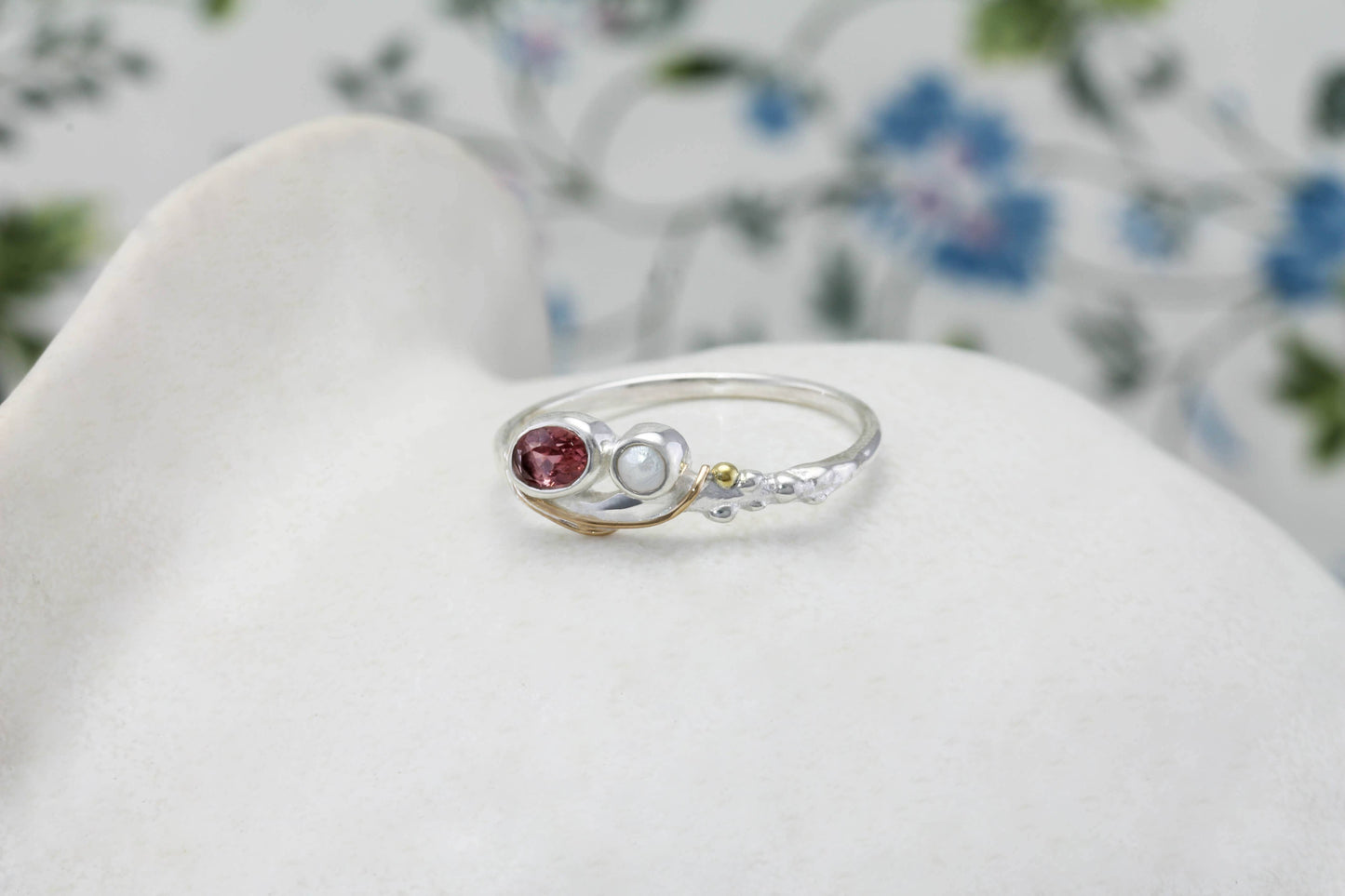 Handmade Silver Dainty Pink Tourmaline & Pearl Ring