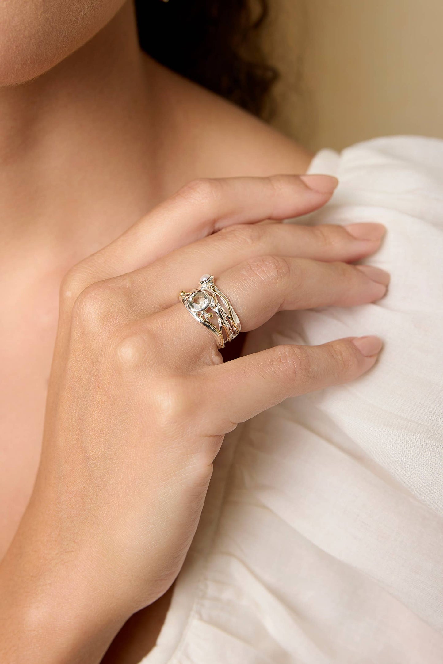 Handmade Silver Green Amethyst and Pearl Statement Ring