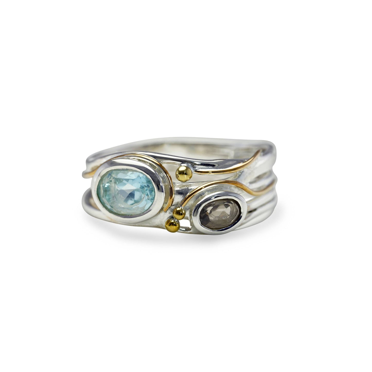Handmade Blue Topaz and Smoky Quartz Silver Ring