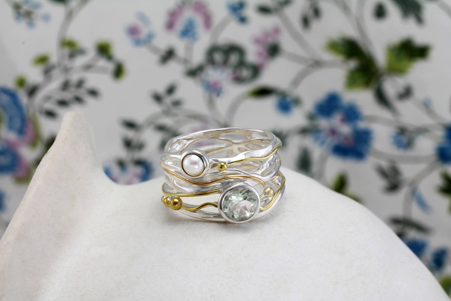Handmade Silver Green Amethyst and Pearl Statement Ring