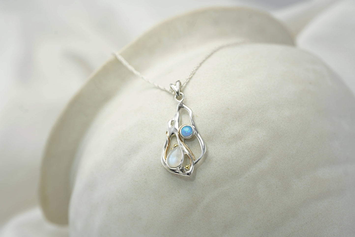 Handmade Sterling Silver Moonstone and Blue Opalite Pendant