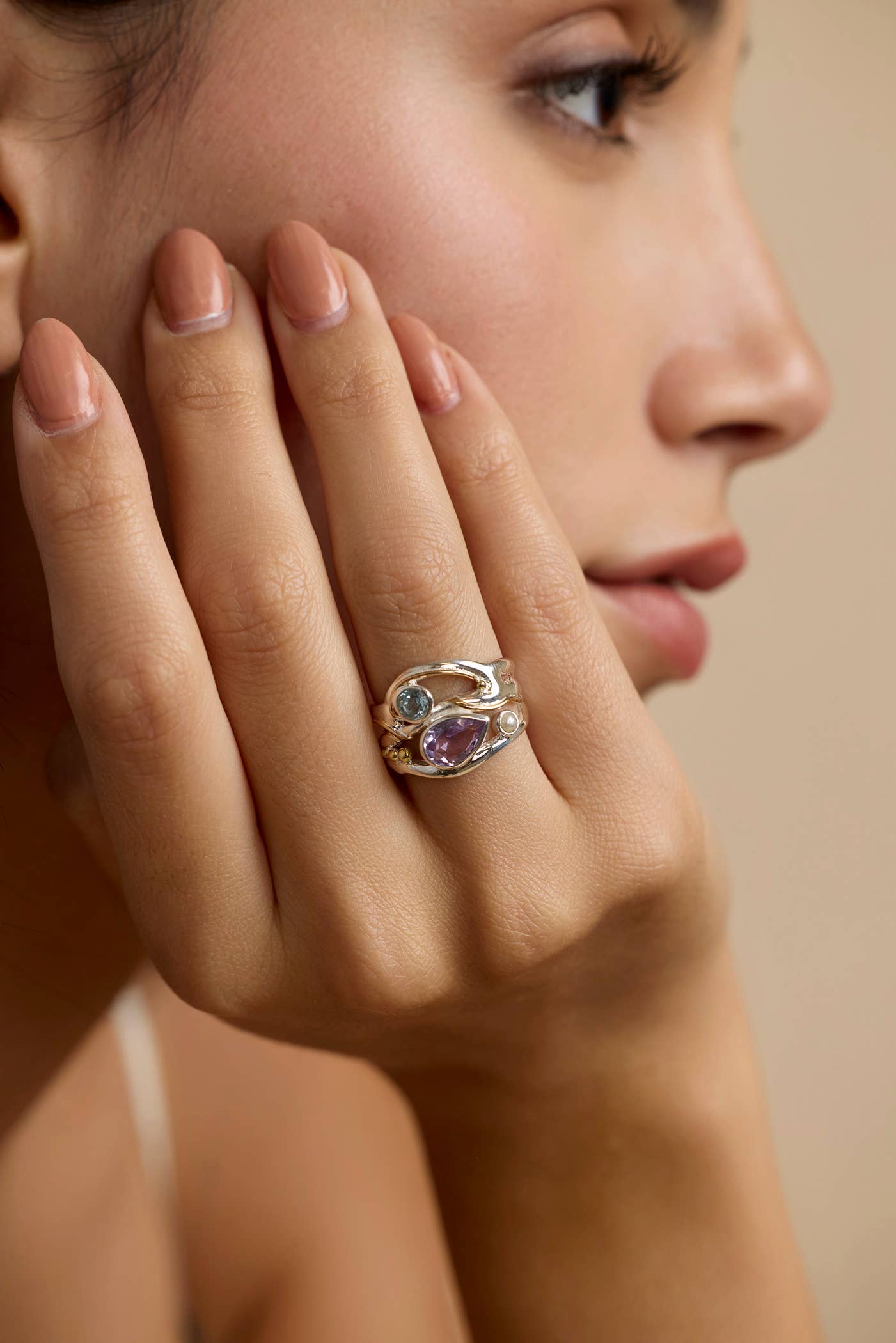 Handmade Amethyst, Blue Topaz and Pearl Statement Ring