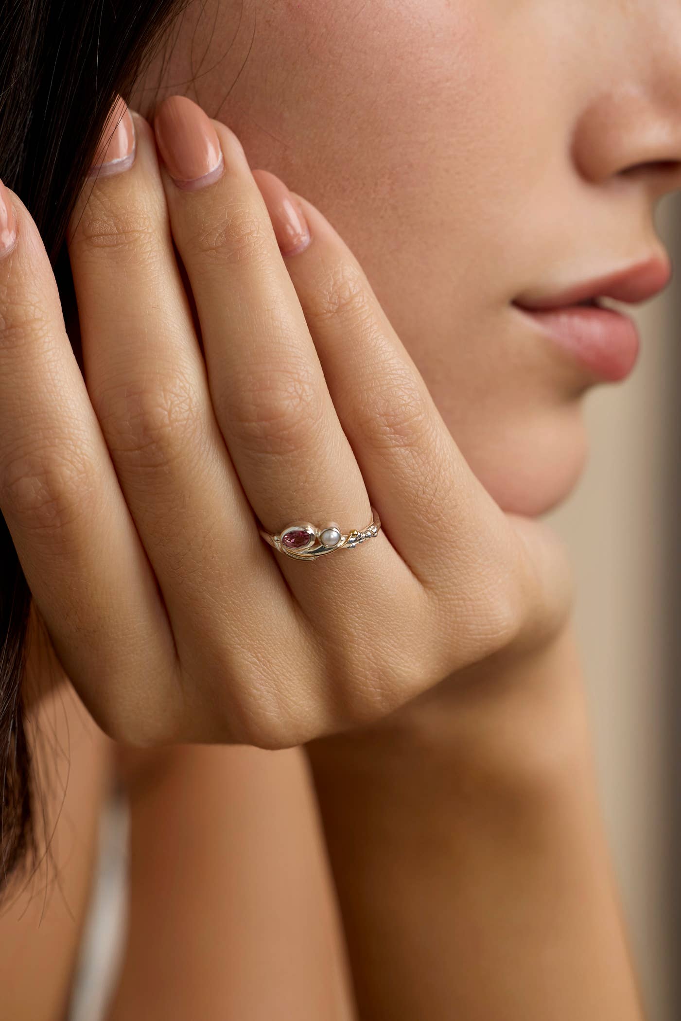 Handmade Silver Dainty Pink Tourmaline & Pearl Ring