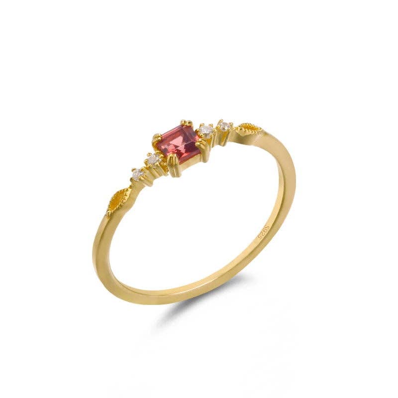 Gold Vintage Garnet Stone Thin Band Ring in Sterling Silver