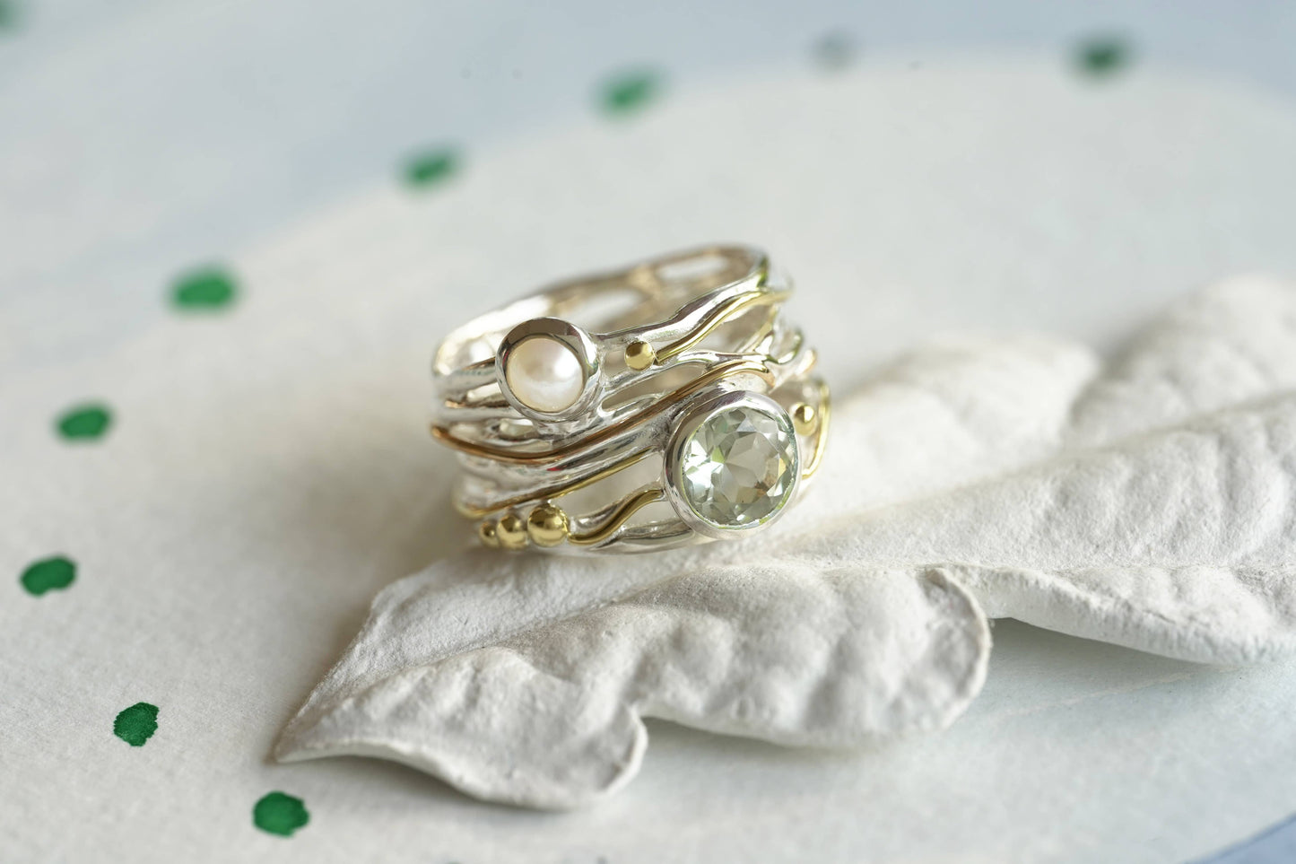 Handmade Silver Green Amethyst and Pearl Statement Ring