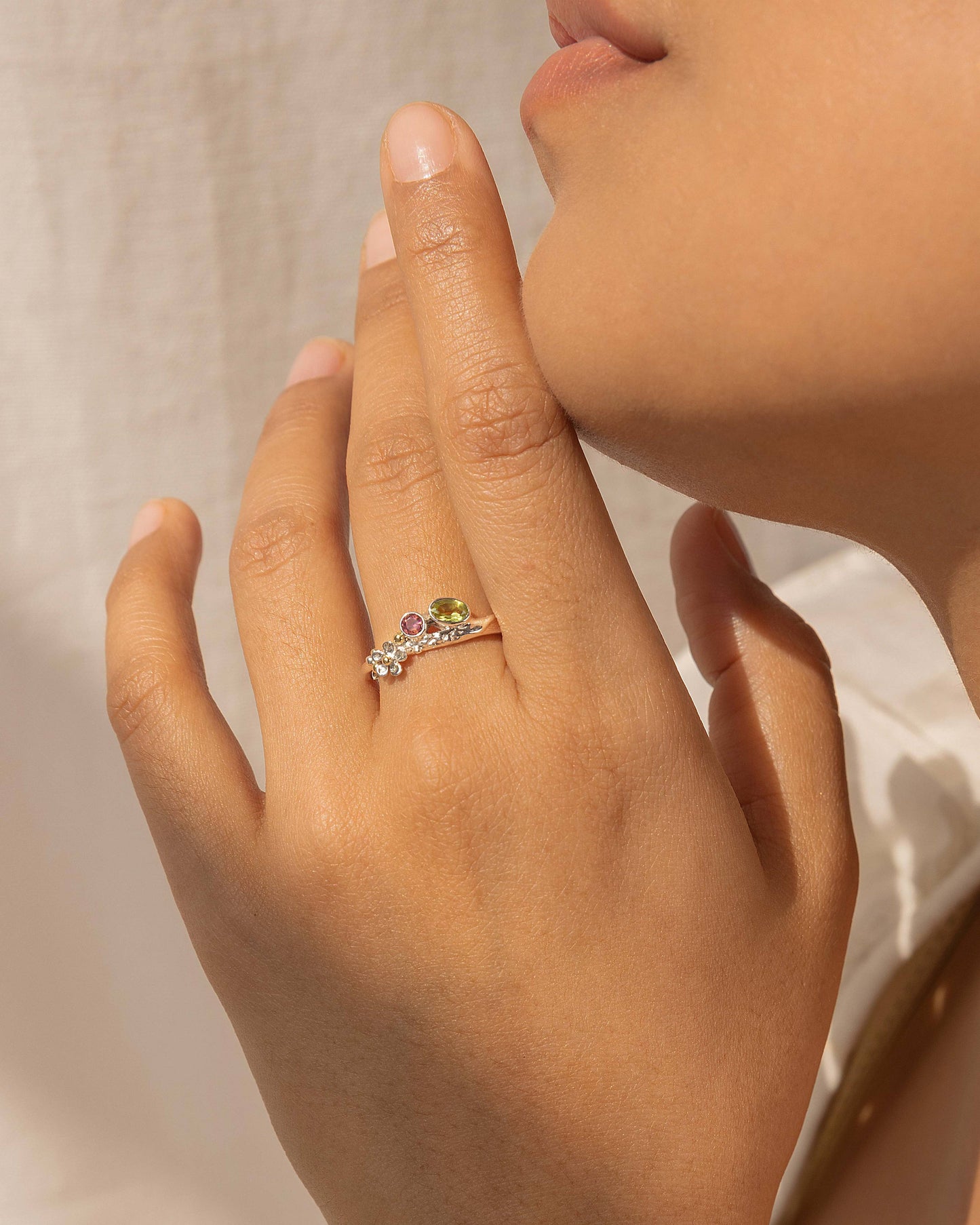 Handmade Silver Peridot and Pink Tourmaline Flower Ring