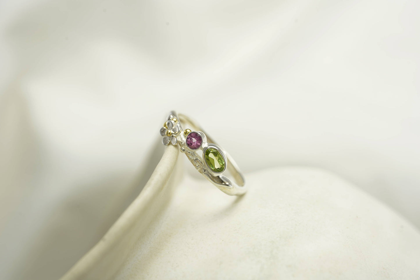 Handmade Silver Peridot and Pink Tourmaline Flower Ring