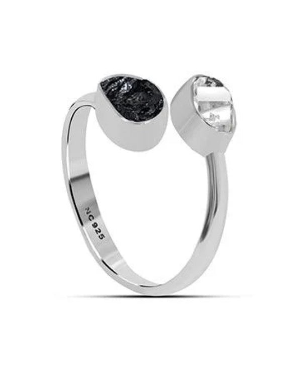 Black Tourmaline & Herkimer Diamond Twist Ring