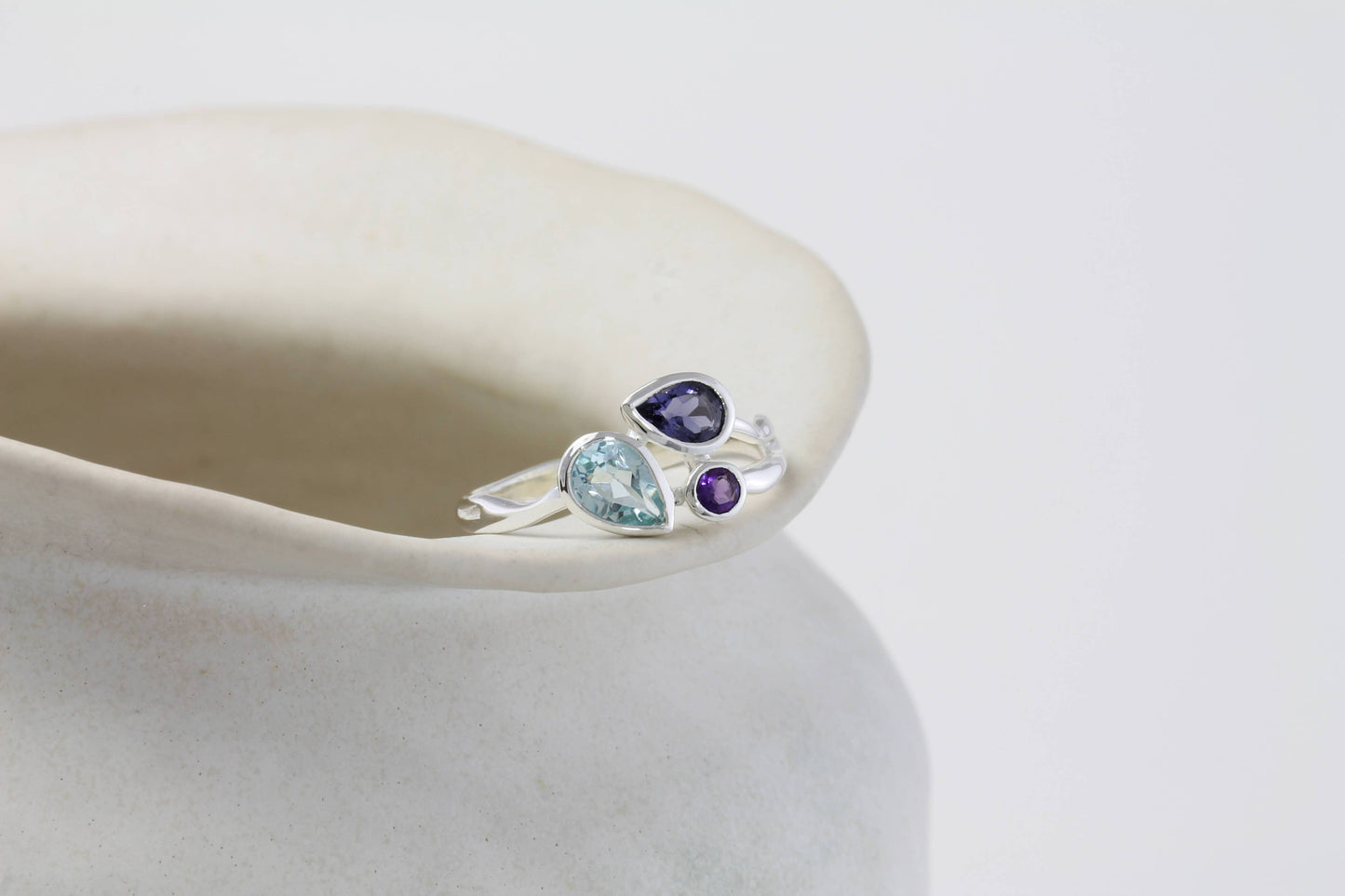Handmade Blue Topaz Iolite and Amethyst Sterling Silver Ring