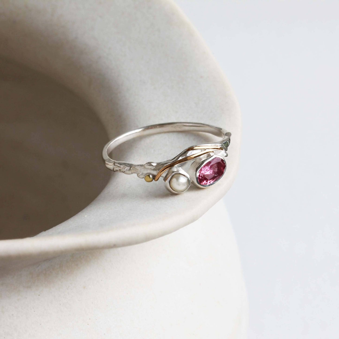 Handmade Silver Dainty Pink Tourmaline & Pearl Ring