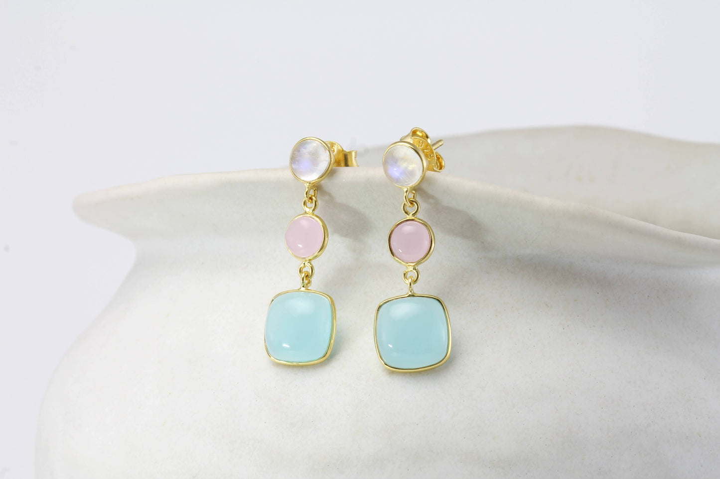 Handmade Moonstone, Pink and Aqua Chalcedony Drop Earrings