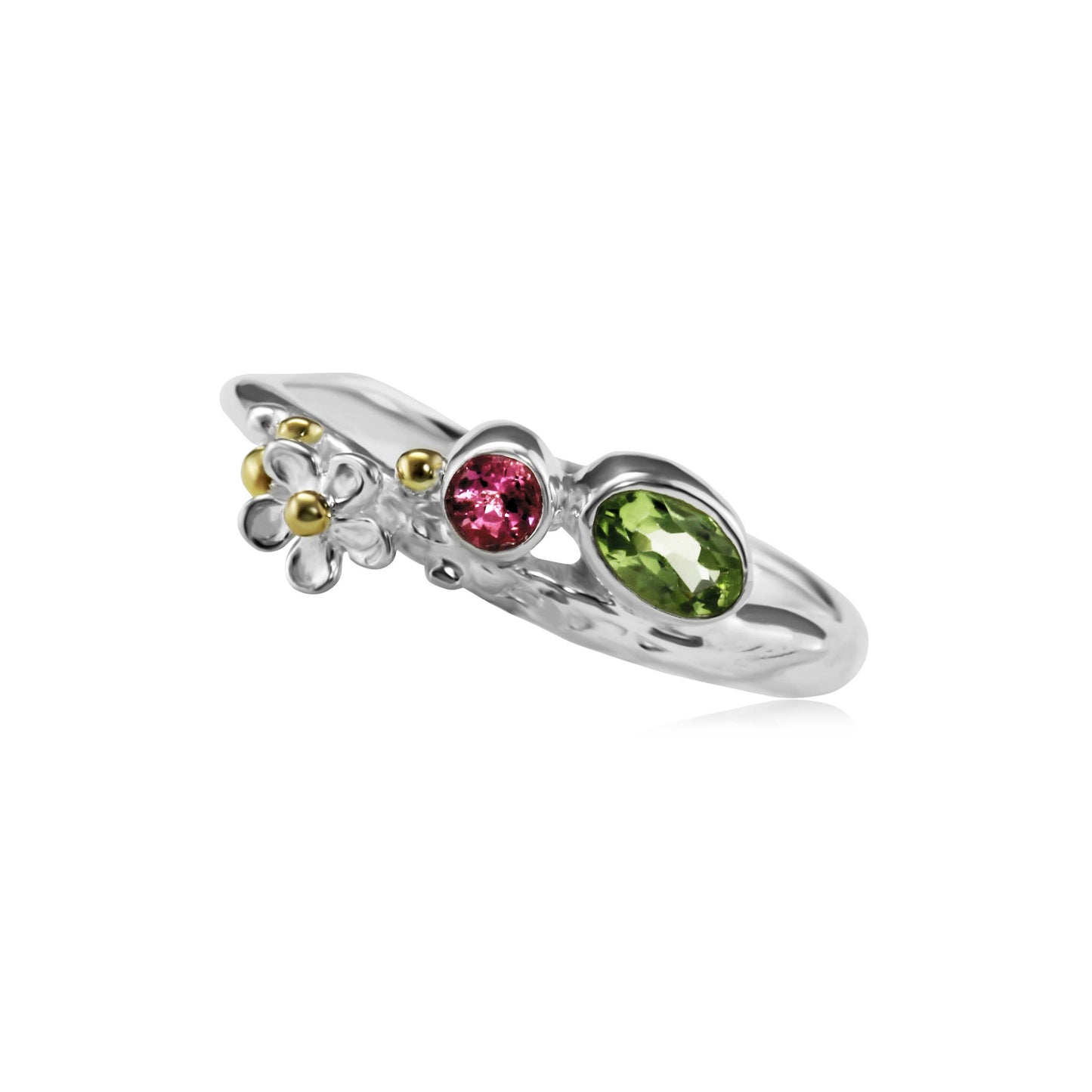 Handmade Silver Peridot and Pink Tourmaline Flower Ring