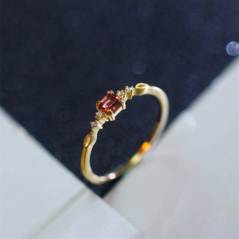 Gold Vintage Garnet Stone Thin Band Ring in Sterling Silver