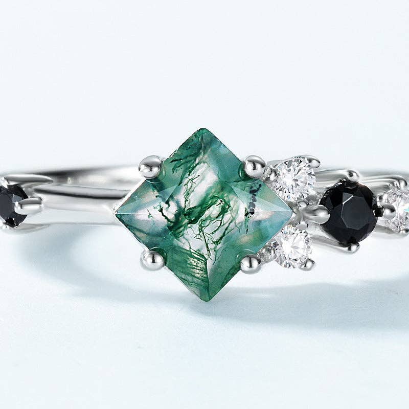 Square Moss Agate Stacking Band Ring in 925 Sterling Silver