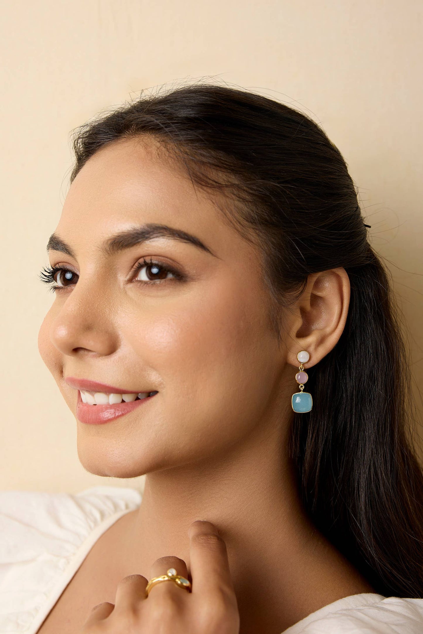 Handmade Moonstone, Pink and Aqua Chalcedony Drop Earrings