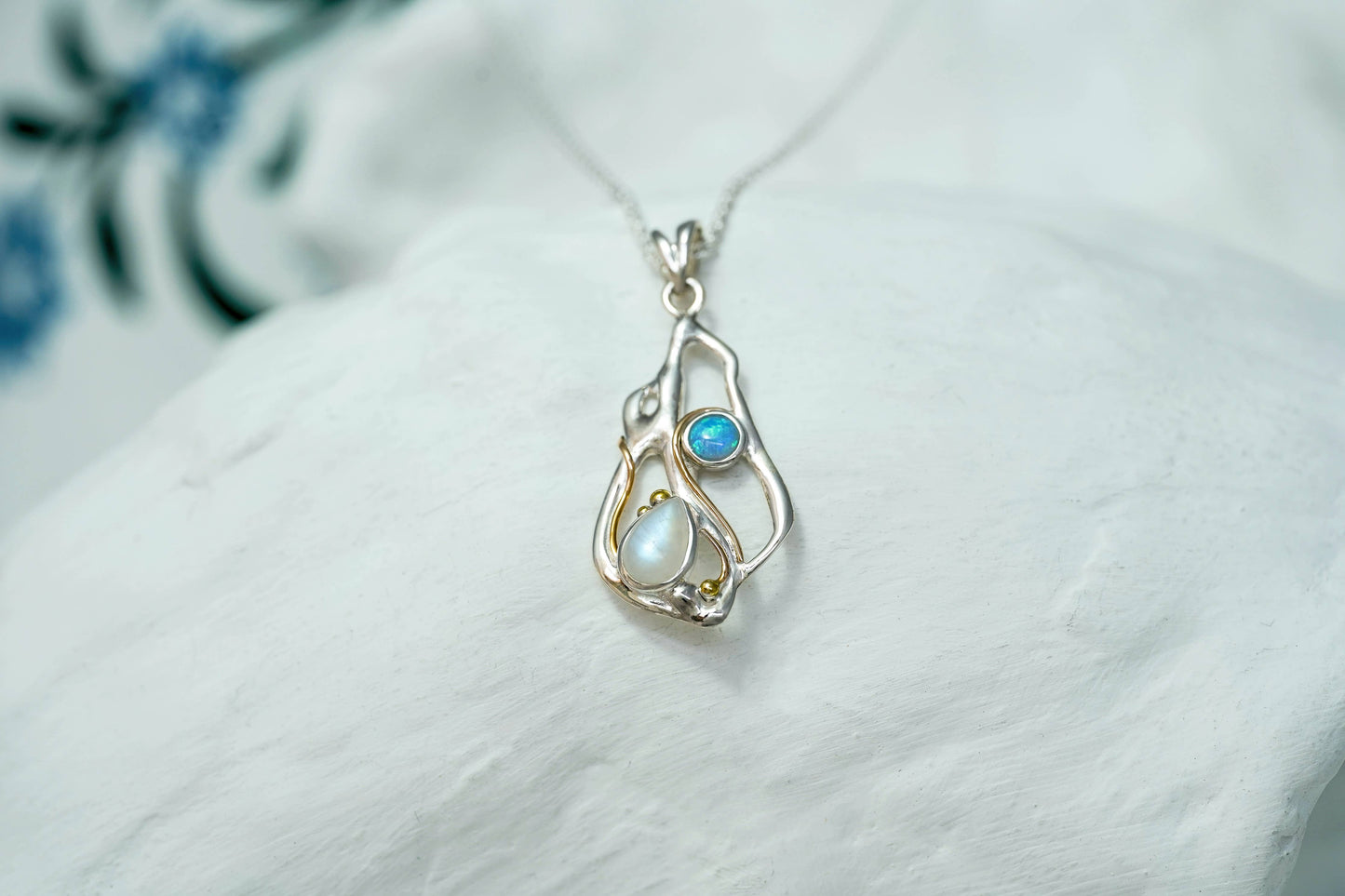 Handmade Sterling Silver Moonstone and Blue Opalite Pendant