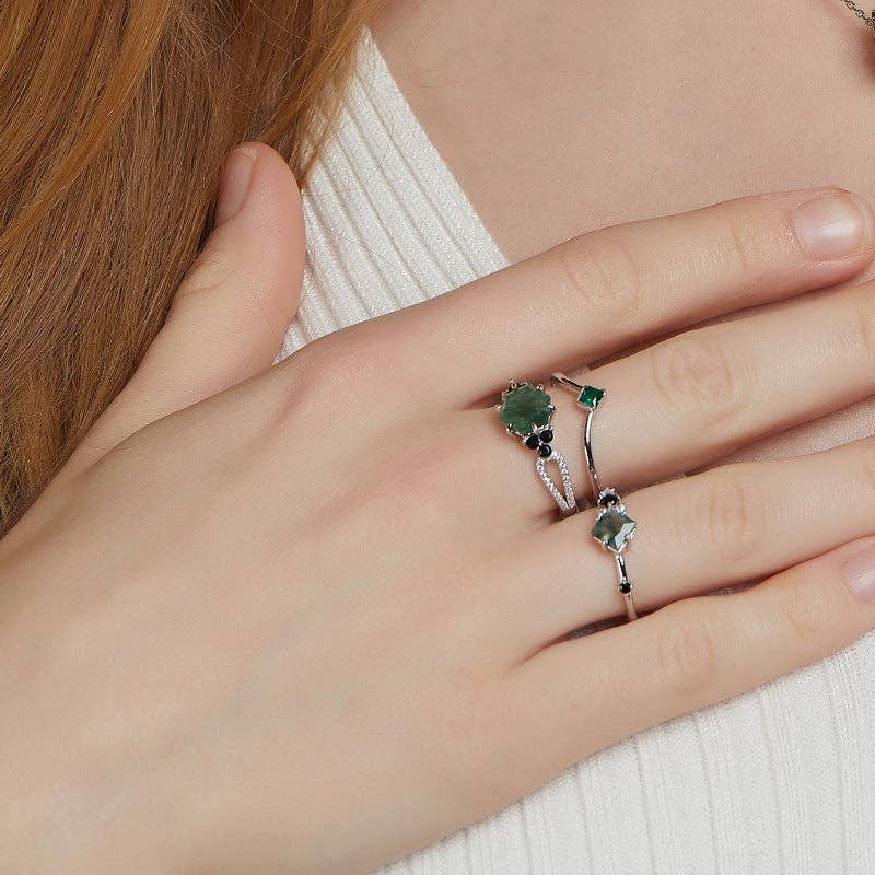 Square Moss Agate Stacking Band Ring in 925 Sterling Silver
