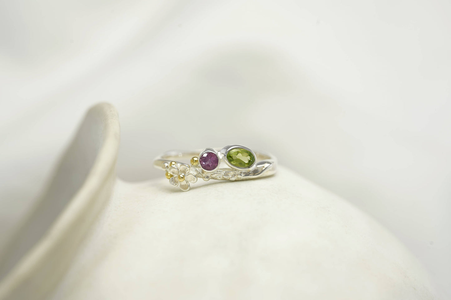 Handmade Silver Peridot and Pink Tourmaline Flower Ring