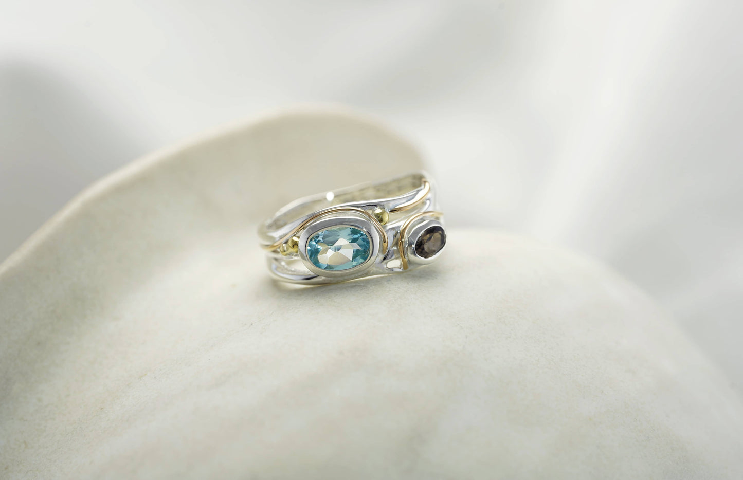 Handmade Blue Topaz and Smoky Quartz Silver Ring