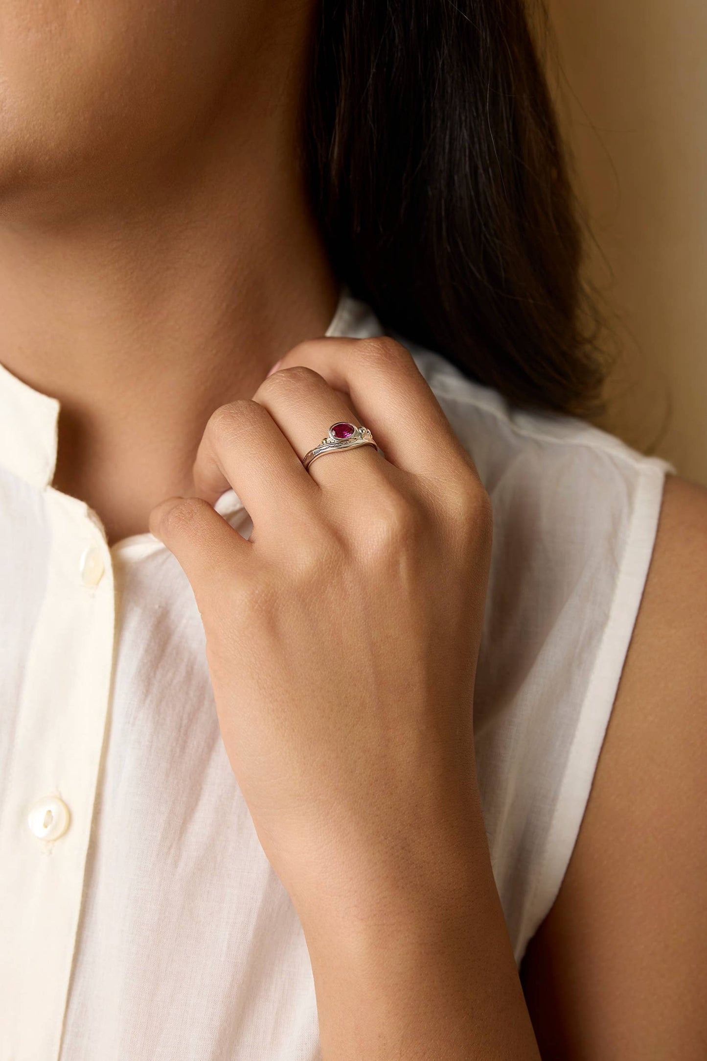 Handmade Silver Ring with Pink Ruby and Gold Details