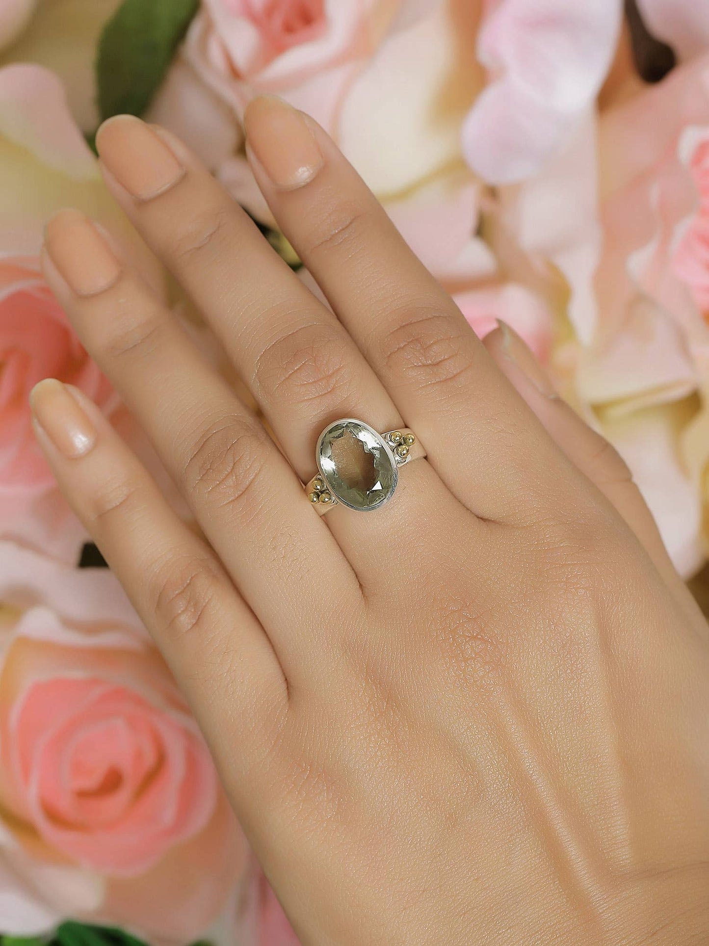 Green Amethyst 925 Sterling Silver Brass Solitaire Ring
