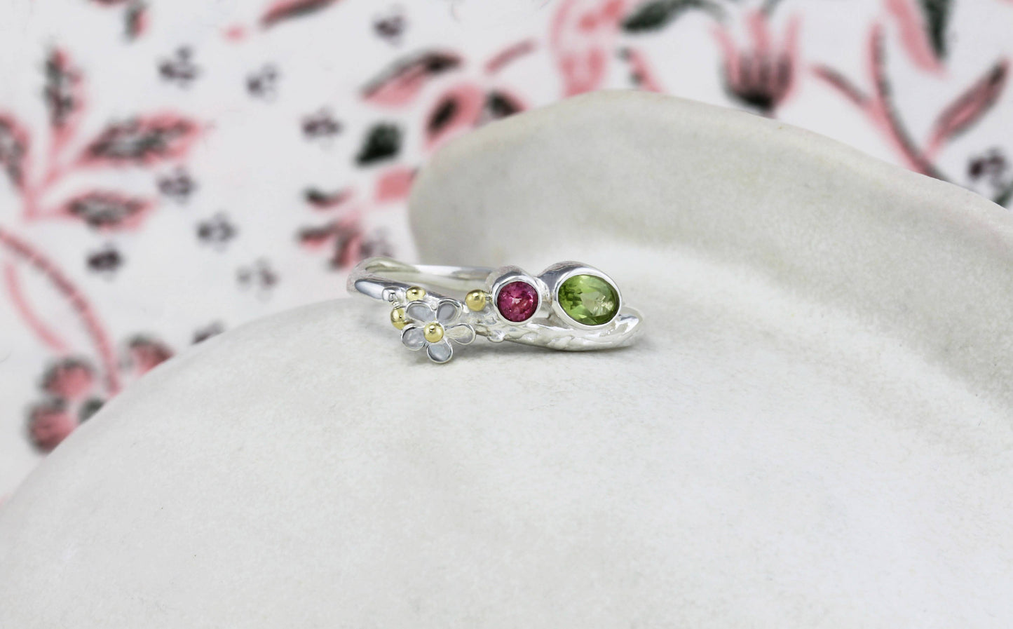 Handmade Silver Peridot and Pink Tourmaline Flower Ring