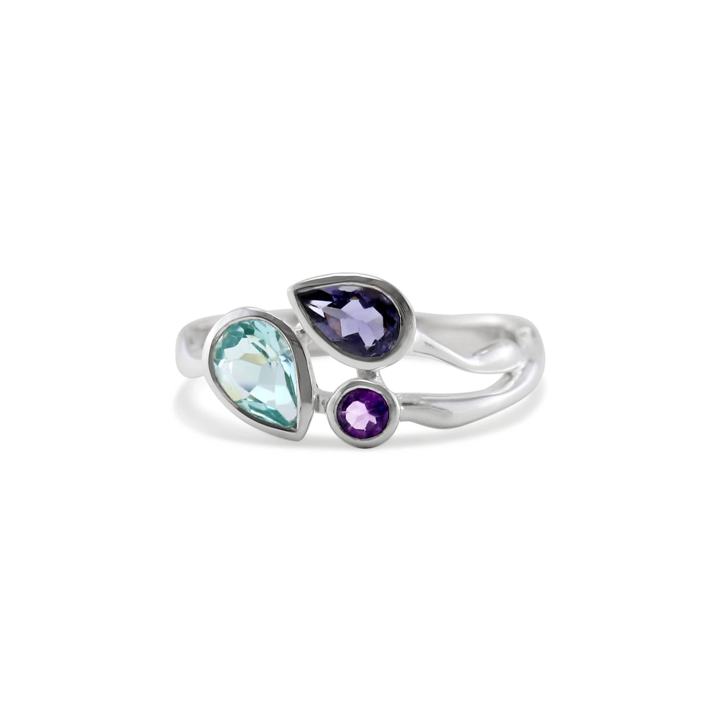 Handmade Blue Topaz Iolite and Amethyst Sterling Silver Ring