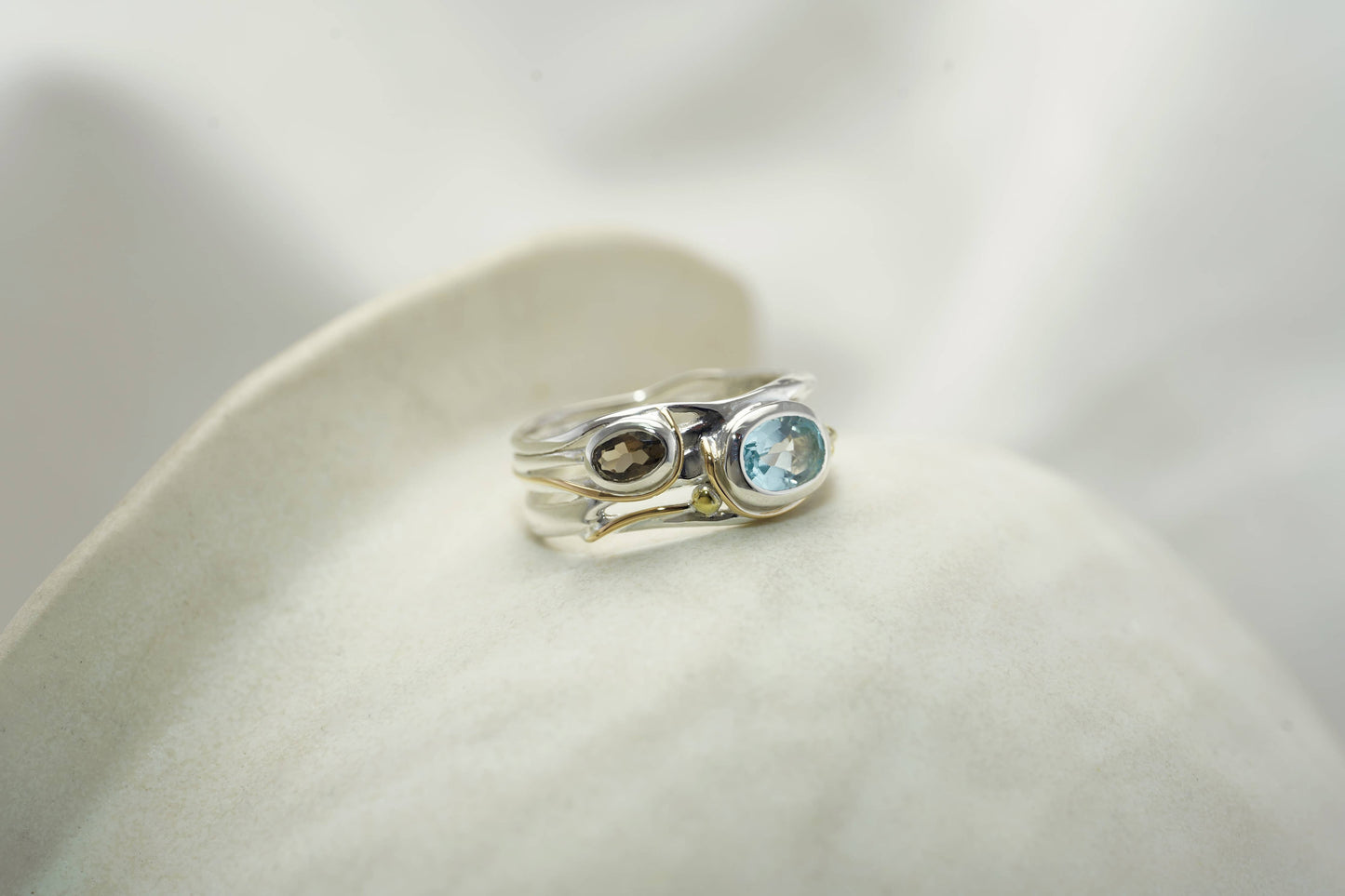 Handmade Blue Topaz and Smoky Quartz Silver Ring