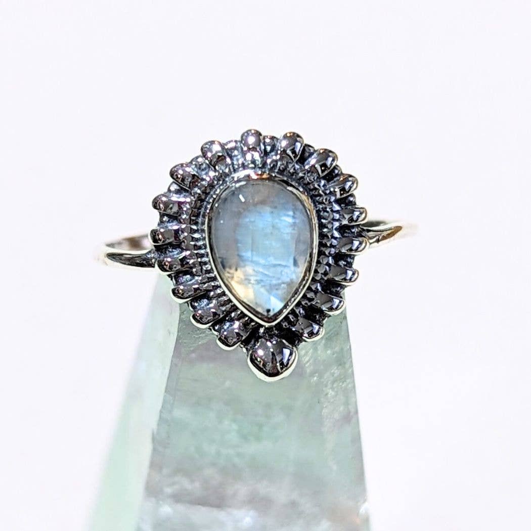 Peacock Tail Rainbow Moonstone Sterling Ring