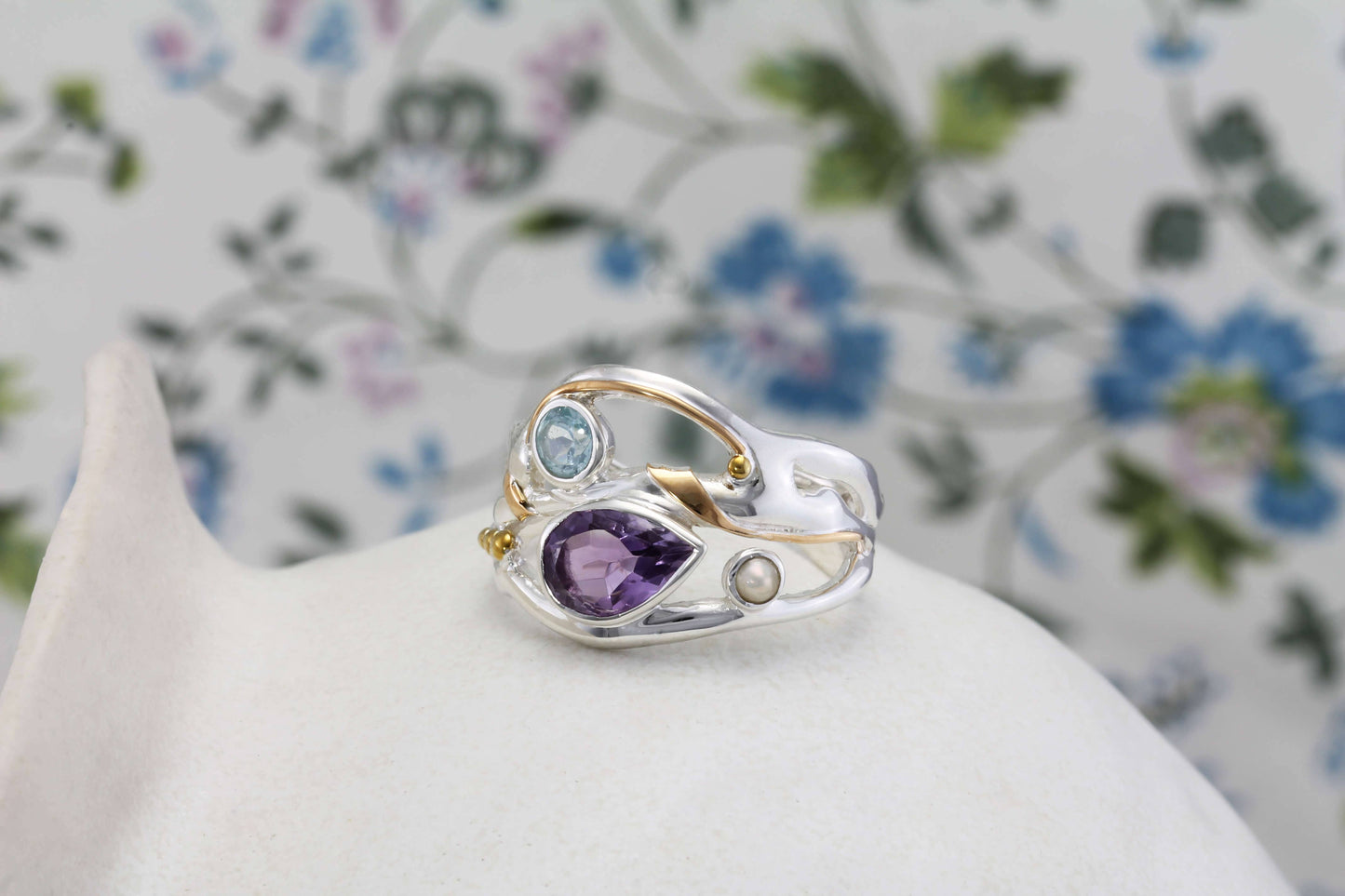 Handmade Amethyst, Blue Topaz and Pearl Statement Ring