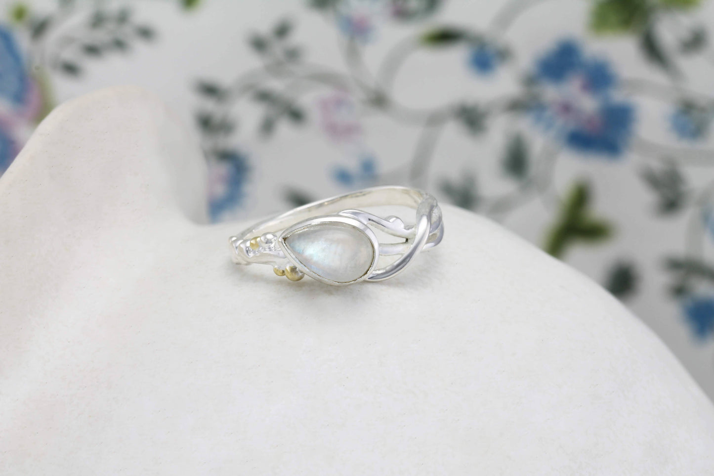 Handmade Sterling Silver Teardrop Rainbow Moonstone Ring