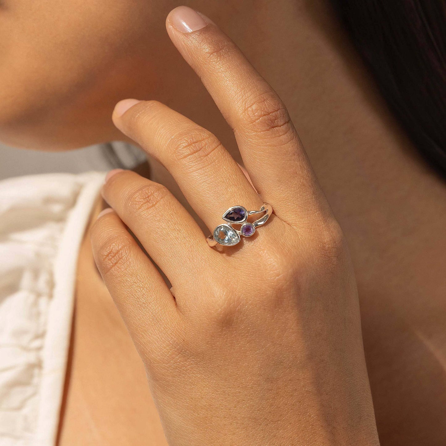 Handmade Blue Topaz Iolite and Amethyst Sterling Silver Ring