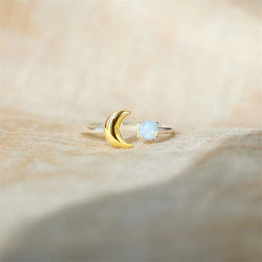 Gold Opal Moon Star Stacking Ring in 925 Sterling Silver