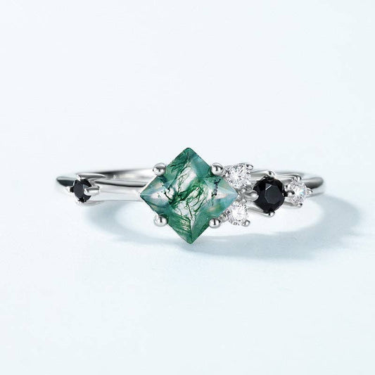 Square Moss Agate Stacking Band Ring in 925 Sterling Silver