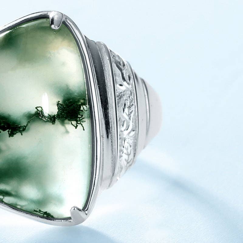 Triangular Moss Agate Statement Ring in 925 Sterling Silver